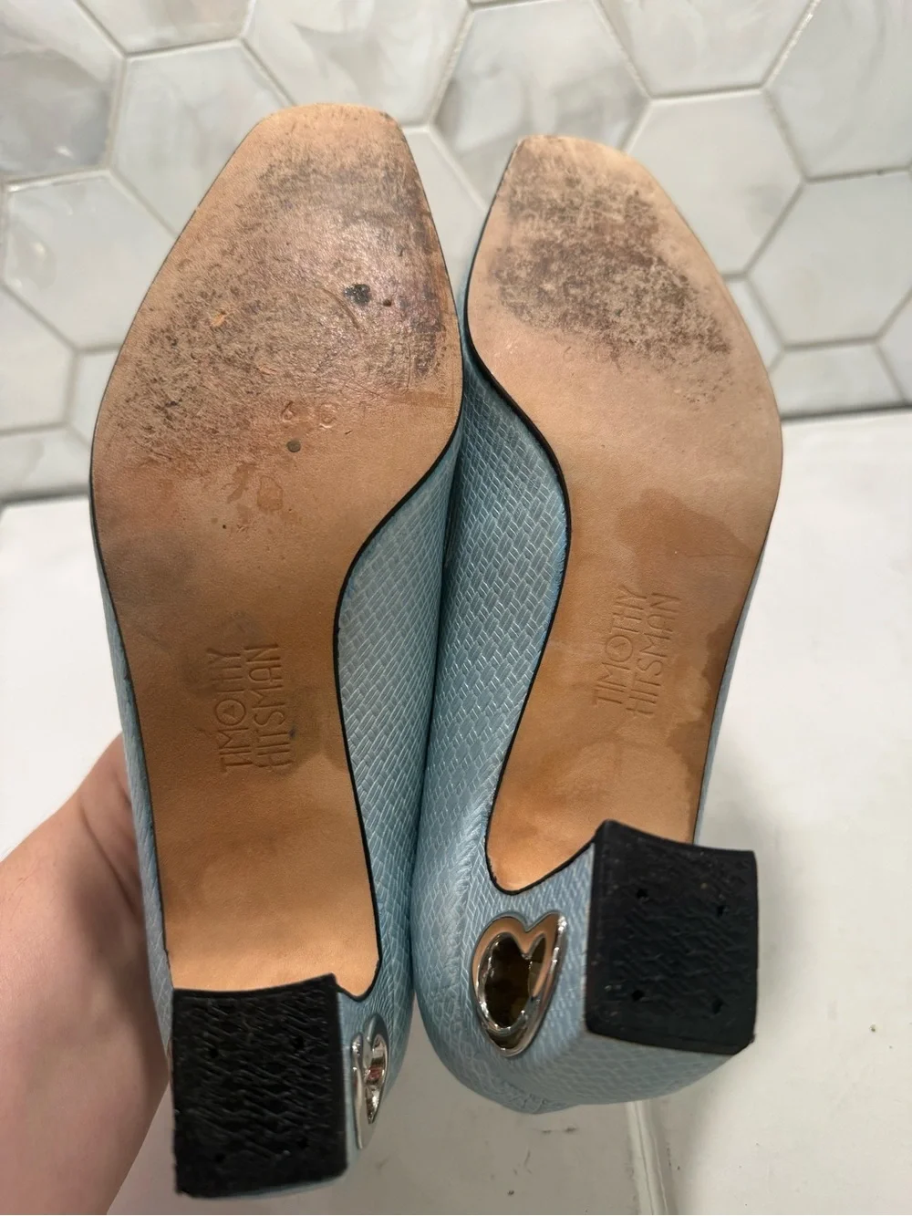 Timothy Hitsman VTG Textured Light Blue Pump Shoe Metal Heart Block Heel 5.5-6?